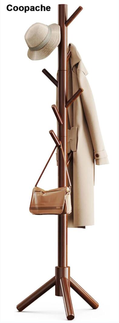Coopache  Pipishell Sturdy Wooden Coat Stand, 3 Adjustable Sizes Coat Tree with 8 Hooks